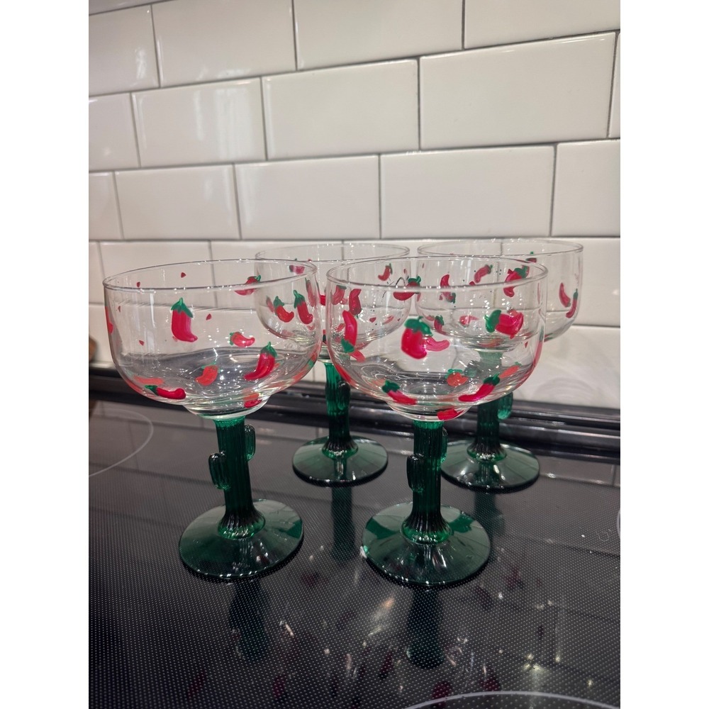 Vibrant Chili Pepper Margarita Glasses with Green Cactus Stem Set of 4 Festive